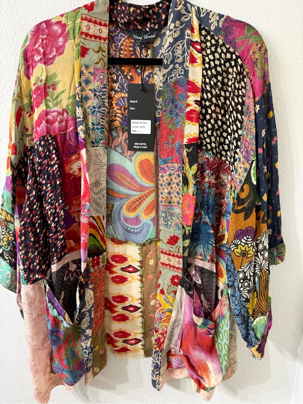 Young Threads Mixed Print Open Front Cardigan Jacket in the color "Latte"